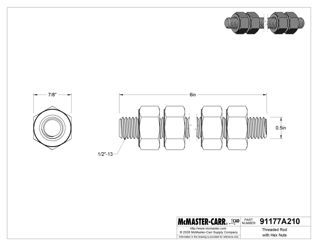 Technical Drawing of Threaded Rod with Hex Nuts, Grade B7, 1/2"-13 Thread Size, 6" Long.